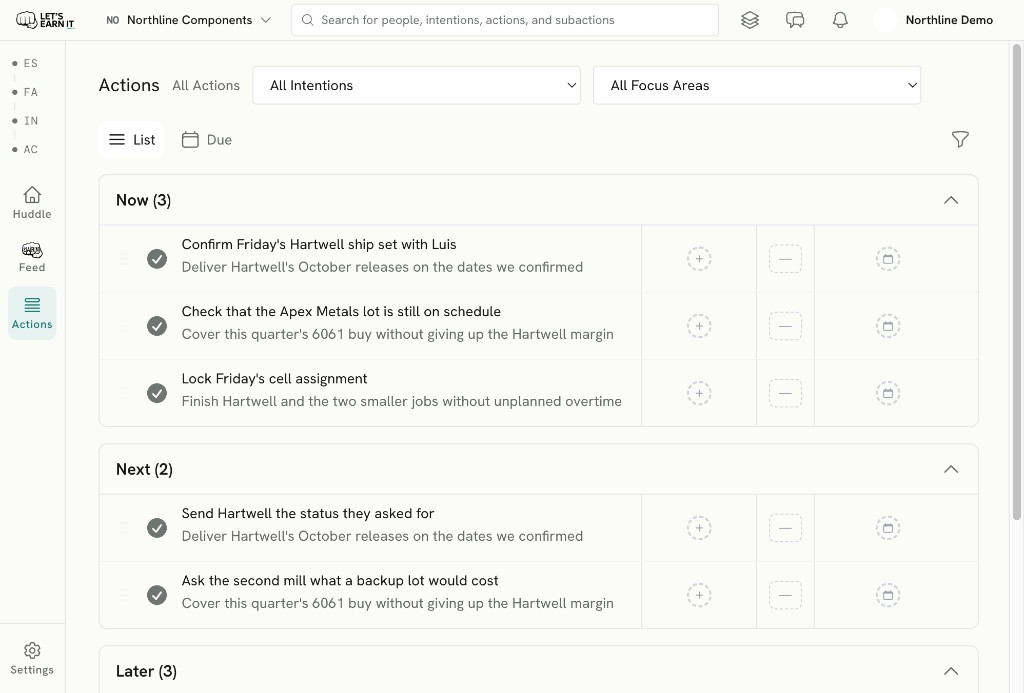 Actions workbench. Now holds the Hartwell ship set, the Apex lot check, and Friday’s cell assignment. Next holds the Hartwell status and the second-mill price check.