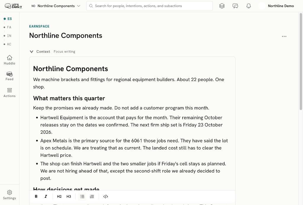 Northline Components Context. The quarter’s current picture: Hartwell’s 23 October ship set, Apex Metals still on schedule, and Friday’s cell as the shop constraint.